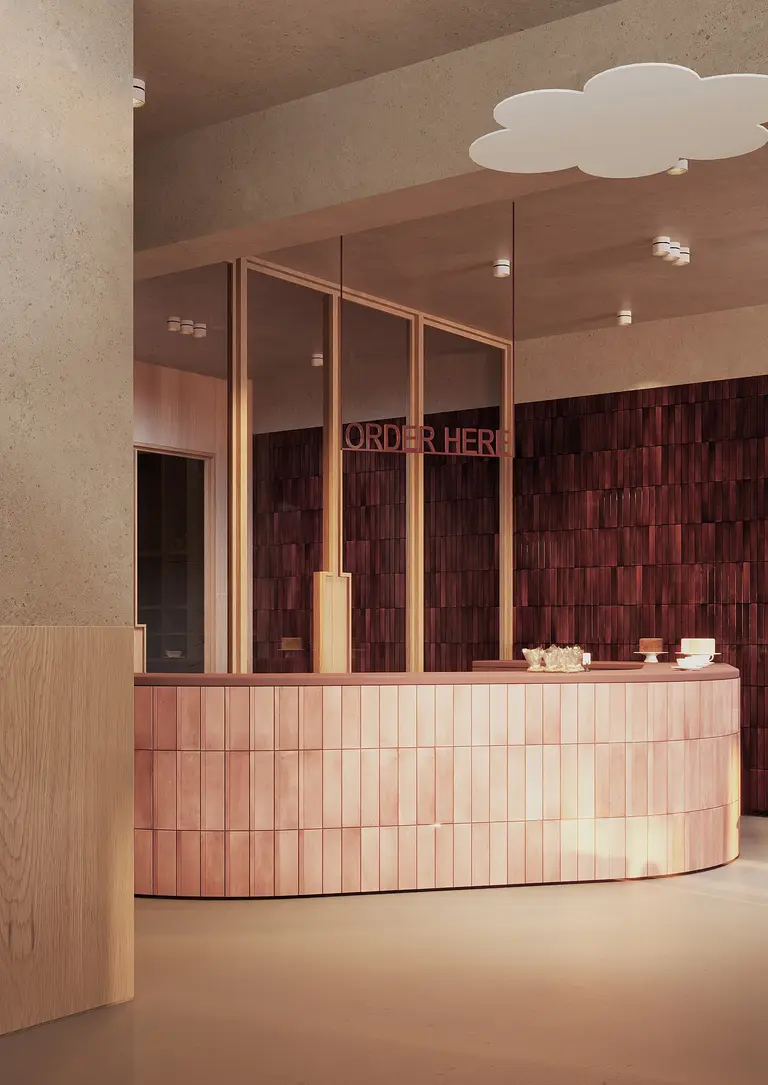 Die Theke mit weinroter Kachelwand