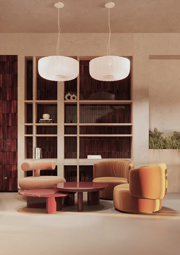 Die Lounge mit Regal und Sesseln