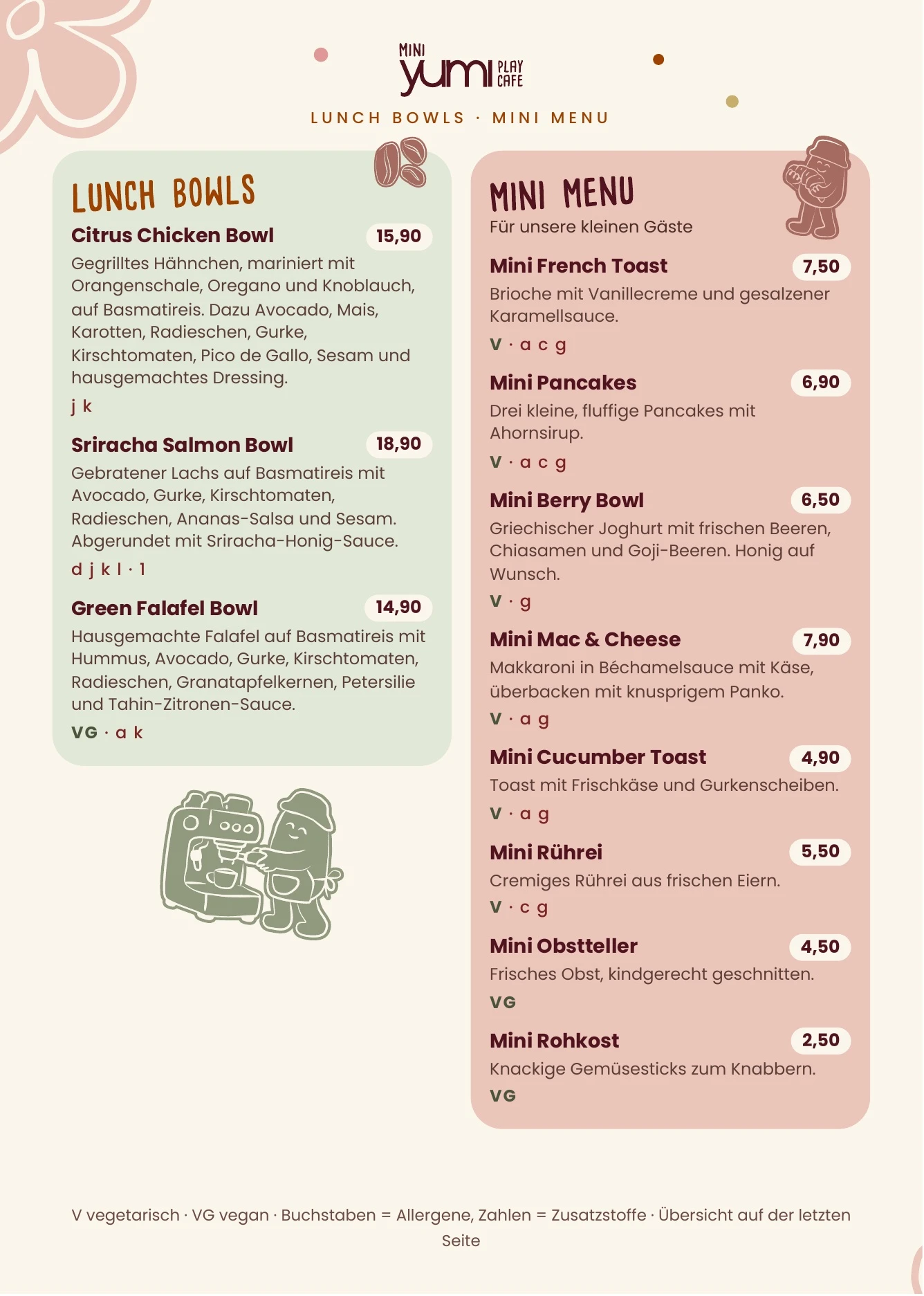 Speisekarte Seite 2: Lunch Bowls und Mini Menu für Kinder
