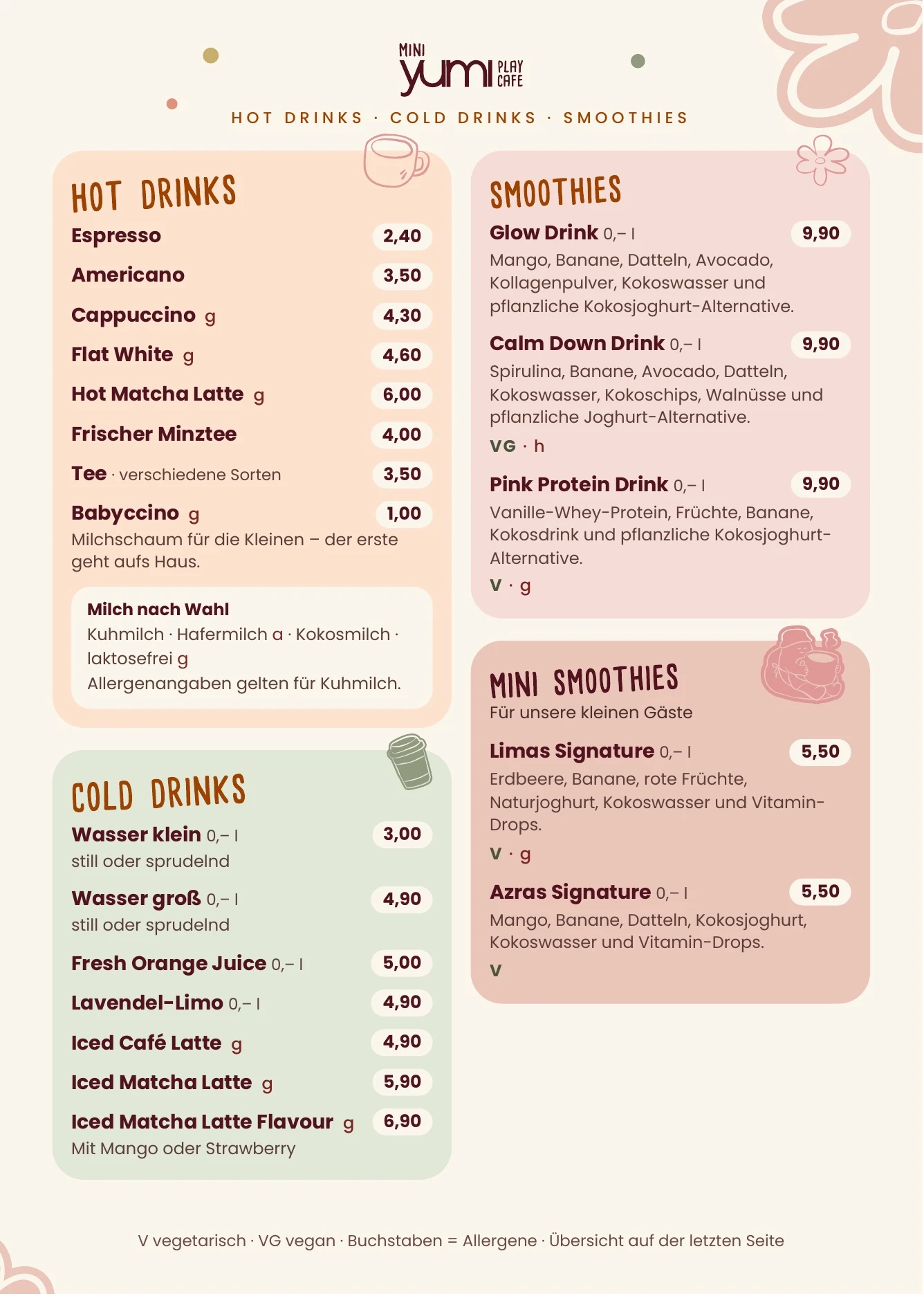 Speisekarte Seite 3: Hot Drinks, Cold Drinks, Smoothies und Mini Smoothies